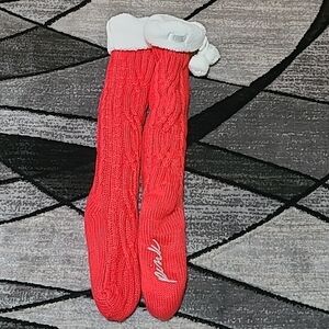 VS PINK SHERPA CABLE KNIT KNEE-HIGH POM-POM LINED SOCKS SLIPPERS